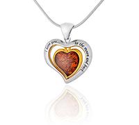 AMBEDORA Women's Necklace 925 Silver Gold-Plated 14 K Baltic Amber Heart Pendant V1 with Amber Double Hearts Engraved with J Love You to the Moon and Back Ready Gift Set