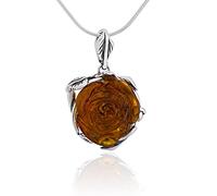 AMBEDORA Women's Necklace 925 Silver Oxidised Baltic Amber Roses Hand Carved Amber Roses Pendant Mod. 60 on a Chain