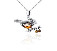AMBEDORA Women's Necklace Amber Sparrow, Oxidised Sterling Silver, Baltic Amber in Cognac Colour, Silver Pendant with Chain