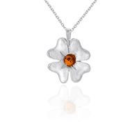 AMBEDORA Women's Necklace Four-Leaf Clover, Polished Sterling Silver, Baltic Amber in Cognac Colour, Pendant with Chain, Gift for Yourself, Family and Friends