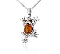 AMBEDORA Women's Necklace Frog I, Oxidised Sterling Silver, Natural Baltic Amber in Cognac Colour, Silver Pendant with Chain