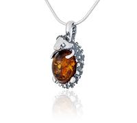 AMBEDORA Women's Necklace Hedgehog with Amber, Oxidised Sterling Silver, Baltic Amber in Cognac Colour, Silver Pendant with Chain