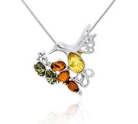 AMBEDORA Women's Necklace Hummingbird, Polished Sterling Silver, Colorful Baltic Amber, Silver Pendant on Chain, Gift Set