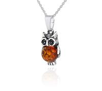 AMBEDORA Women's Necklace Little Owl XVI, Oxidised Sterling Silver, Round Cabochon of Baltic Amber in Cognac Colour, Silver Pendant with Chain
