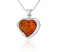 AMBEDORA Women's Necklace, Medallion, Polished Sterling Silver, Amber Heart in Cognac Color, Silver Secret Pendant with Chain