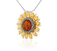 AMBEDORA Women's Necklace, Round Cognac Baltic Amber, Sunflower Pendant on Chain, Set for a Gift, Gold Plated Silver, Oxidised Silver, Amber