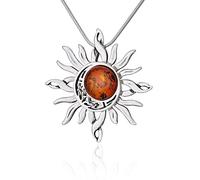 AMBEDORA Women's Necklace with Amber, Oxidised Sterling Silver, Round Baltic Amber, Silver Sun and Moon Pendant with Chain