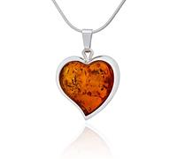AMBEDORA Women's Necklace With Baltic Amber in Cognac Colour, Polished Sterling Silver Pendant Heart Size L With Chain