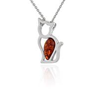 AMBEDORA, Women's Origami Cat Necklace, Platinum Plated Sterling Silver, Baltic Natural Amber in Cognac Colour, Platinum Plated Pendant with Chain