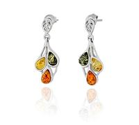 AMBEDORA Women's Silver Earrings with Amber, Polished Sterling Silver, Amber in the Colours Cognac, Green, Lemon