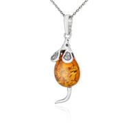 AMBEDORA Women's Silver Mouse Necklace with Amber, Oxidized Sterling Silver, Pendant with Chain