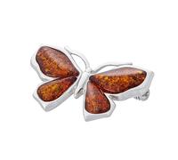 AMBEDORA Women's Silver Small Butterfly Brooch with Amber, Polished Sterling Silver, Baltic Amber in Cognac Colour