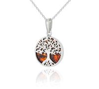 AMBEDORA Women's Small Necklace Celtic Tree of Life Mod.05 with Amber, Polished Sterling Silver, Baltic Amber in Cognac Colour, Silver Pendant on Chain, Sterling Silver, Amber
