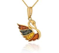 AMBEDORA Women's Swan Necklace with Amber, Gold Plated Sterling Silver, Natural Colourful Baltic Amber, Gold Plated Pendant with Chain