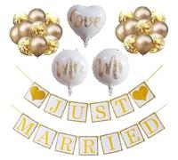 AMBEERT 23 PCS Wedding Decorations, Just Married Banner, Heart-Shaped Balloon, Mr & Mrs Balloons, 10 Silver Glitter Balloons