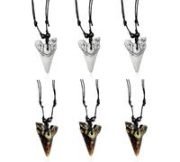AMBEERT 6 Items Shark Tooth Necklace Adjustable Wax Rope Necklace with Imitation Shark Teeth, Perfect for Men, Women, Kids Shark Gifts for Beach, Surfing(White & Brown)