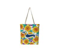 Amber Bright Creations Lisa Pollock Sunflower Dachshund, durable poly-linen reusable shopping bags, 45cm x 45cm, eco friendly grocery bags, tote bags for everyday use.