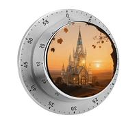 Amber Castle Scenery Mechanical Kitchen Timer 60 Minute Wind Up Countdown Clock with Magnetic Back Loud Alarm Stainless Steel Manual Timer for Cooking Baking Classroom Home Gym