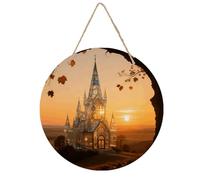 Amber Castle Scenery Welcome Hanging Sign Plaque for Front Door Wall Decor, Funny Wooden Hanger, Rustic Minimalist Outdoor Wood Wall Art for Farmhouse Porch Or Entryway Home Decor