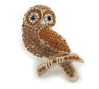 Amber/Citrine/AB Crystal Owl Brooch In Gold Tone - 70mm Long