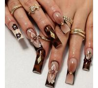 Amber Coffee Gradient Press On Nails With Floral Cherry Gold Accent Rhinestones - 24PCS Long Square Glossy False Nails Set For Women Parties Special Occasions Everyday Wear Salon Style Manicure Kit