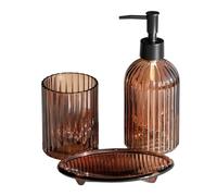 Amber Glass 3 Piece Bathroom Accessories Set Sink Ribbed Lotion Dispenser Tumbler