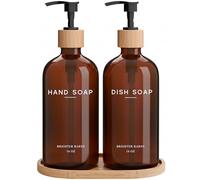 Amber Glass Hand and Dish Soap Dispenser Set by Brighter Barns - Kitchen Soap Dispenser Set with Tray - Bamboo Pump Bottles for Kitchen Sink - Modern Home Decor, Neutral Decor for Airbnb, Gift (Amber)