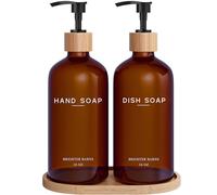 Amber Glass Hand and Dish Soap Dispenser Set by Brighter Barns - Kitchen Soap Dispenser Set with Tray - Bamboo Pump Bottles for Kitchen Sink - Modern Home Decor, Neutral Decor for Airbnb, Gift (Amber)