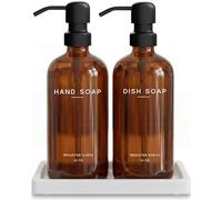 Amber Glass Hand and Dish Soap Dispenser Set by Brighter Barns - Kitchen Soap Dispenser Set with Tray - Farmhouse Soap Dispenser for Kitchen Sink - Modern Kitchen Decor, Bathroom Accessories (Amber)