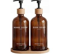 Amber Glass Hand and Dish Soap Dispenser Set by Brighter Barns - Kitchen Soap Dispenser Set with Tray - Bamboo Pump Bottles for Kitchen Sink - Modern Home Decor, Neutral Decor for Airbnb, Gift (Amber)