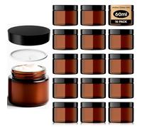 Amber Glass Jars - 16 Pack (60ml) with Lids - Brown Travel Cosmetic Containers with Spatula - UV Protection for Powder, Lotion and Cream