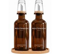 Amber Glass Mouthwash Dispenser for Bathroom by Brighter Barns - Refillable Mouthwash Container and Glass Cup - Modern Mouth Wash Dispensers for Bathroom - Boho Decor for Airbnb, Hotel (Amber, 2 Pack)
