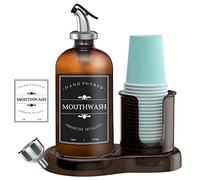 Amber Glass Mouthwash Dispenser with Cup Holder for Bathroom, 16oz Refillable Mouthwash Bottles Container with Tray, Funnel and 2 Waterproof Labels
