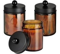 Amber Glass Qtip Holder, Apothecary Jar,Qtip Dispenser with Metal Lid & Stickers- 3Pack Containers,Vanity Canister Organizer Storage,Bathroom Accessories Set for Cotton Swab, Ball, Pad, Floss
