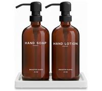 Amber Glass Soap and Lotion Dispenser Set with Tray by Brighter Barns - Hand Soap Dispenser Bathroom Set & Stainless Steel Pump for Home, Restaurant, Spa - Neutral Bathroom Decor & Accessories (Amber)