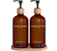 Amber Glass Soap and Lotion Dispenser Set with Tray by Brighter Barns - Hand Soap Dispenser Bathroom Set - Glass Bottles with Pump - Bamboo Home Accessories & Modern Bathroom Decor for Airbnb (Amber)