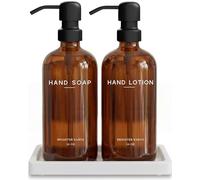 Amber Glass Soap and Lotion Dispenser Set with Tray by Brighter Barns - Hand Soap Dispenser Bathroom Set & Stainless Steel Pump for Home, Restaurant, Spa - Neutral Bathroom Decor & Accessories (Amber)