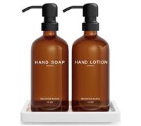 Amber Glass Soap and Lotion Dispenser Set with Tray by Brighter Barns - Hand Soap Dispenser Bathroom Set & Stainless Steel Pump for Home, Restaurant, Spa - Neutral Bathroom Decor & Accessories (Amber)