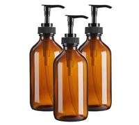 Amber Glass Soap Dispenser 8oz, 3 Pack with Leak-Proof Pump, Refillable Small Glass Bottles for Hand Soap, Lotion, Shampoo & Dish Soap, Includes Protective Black Caps & Easy-Pour Funnel