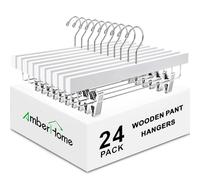 Amber Home 24 Pack White Wooden Pants Hangers with 2-Adjustable Clips for Jeans, Slacks, Shorts