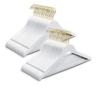 Amber Home 30 Pack Solid Wood Suit Coat Hangers, Smooth White Finish Wooden Dress Hangers with Non Slip Pant Bar, Clothes Hangers with Gold Hook & Notches for Jacket, Pant, Shirt (White+Gold, 30)