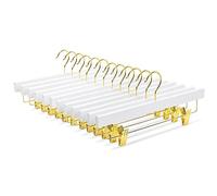Amber Home 35.5cm White Wooden Pants Hangers 10pcs, Wood Skirt Hanger Organizer with Adjustable Anti-Slip Clips, Space Saving Solid Clothes Hangers Rack for Bottoms Jeans Slacks Trousers