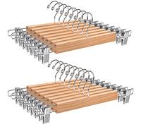 Amber Home 36cm Natural Wooden Pants Hangers 20pcs, Smooth Wood Skirt Hanger Organizer with Adjustable Anti-Slip Chrome Clips, Space Saving Solid Clothes Hangers Rack for Bottoms Jeans Slacks Trousers
