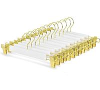 Amber Home 36cm White Wooden Trousers Hangers, Smooth Wood Skirt Hanger Organizer with Adjustable Anti-Slip Gold Clips, Space Saving Solid Clothes Hangers for Bottoms Jeans Slacks Pants (Gold 10)