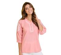 Amber Ladies 3/4 Sleeve Embroidered Cotton Blouse, Lightweight Cooling Top with Frill Neck, Button Placket & Cuff Fastening, White or Coral, Sizes 12-20 Coral 18