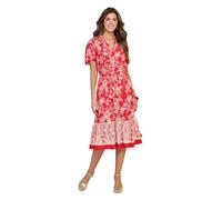 Amber Ladies Border Print Short Sleeve Dress, Lightweight Viscose Midi with Button Front, Elasticated Waist, Mock Tie & Pockets, 44" Length Red 20