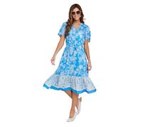 Amber Ladies Border Print Short Sleeve Dress, Lightweight Viscose Midi with Button Front, Elasticated Waist, Mock Tie & Pockets, 44" Length Blue 16
