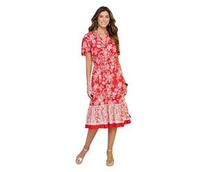 Amber Ladies Border Print Short Sleeve Dress, Lightweight Viscose Midi with Button Front, Elasticated Waist, Mock Tie & Pockets, 44" Length Red 20