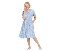 Amber Ladies Chic Angel Sleeve Pleat Front Print Dress Elegant Scoop Neck Design with Flared Sleeves with Detachable Tie Belt Blue Floral 10