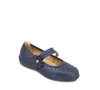 Amber Ladies Comfort Bar Shoe with Cutwork Detail, Touch Fasten Strap, Cushioned Insole & Flexisole Navy 6